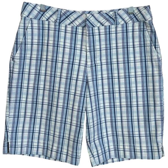 CLEARANCE Cherokee Women's Blue Plaid Cotton-Blend Bermuda Shorts Size 14 - Picture 1 of 5